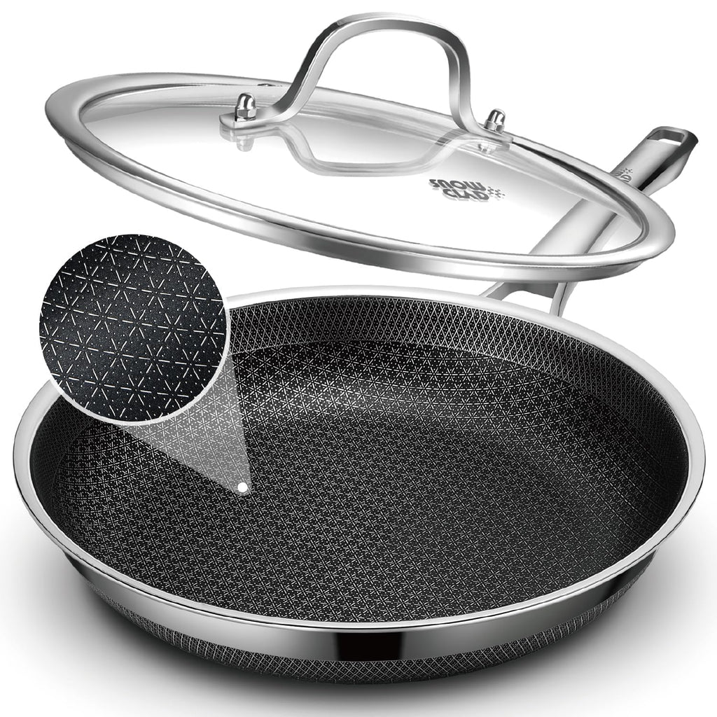 SNOWCLAD Frying Pan with Lid, 10 Inch Hybrid Non Stick Stainless Steel Skillets, Dishwasher Induction Oven Broiler Safe, Non Toxic Chef's Pan, PFOA Free Cookware