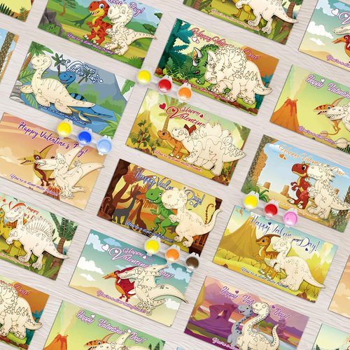 Convivialo 24 Pre-Packaged Valentines Cards for Kids Classroom School Exchange, Dinosaur Wood Crafts Painting Kits, Preschool Valentines Day Gifts for Kids Party Favors
