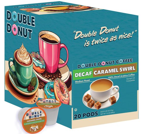 Double Donut Coffee Caramel Swirl Medium Roast Decaf Flavored Coffee Pods for Keurig K Cups Makers, 20 Capsules