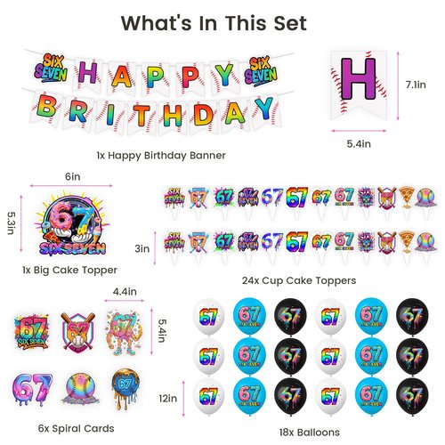 6 7 Birthday Decorations, 67 Meme Themed Birthday Decorations Set Includes Happy Birthday Banner, Large Cake Topper, 24 x Cupcake Toppers, 18 x Ballons, 6 x Hanging Spinners