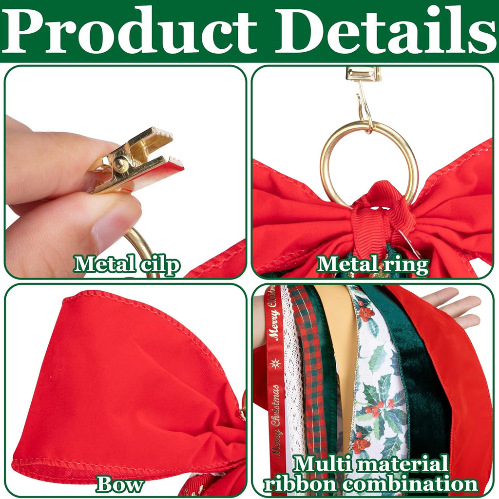 RunNico Christmas Ribbon Bow Set - 2 Pcs Assorted Clip-On Wreath Ribbons | 30'' x 20'' Red & Green Decor