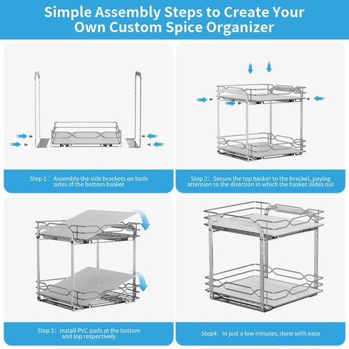BOIVSHI Pull Out Spice Rack, 2 Tier Spice Organization for Cabinet, Heavy Duty Spice Rack, 9-1/4 inch Wide - Spice Racks for Inside Cabinets, Kitchen, Pantry - Chrome, 9.25”W x 10.39”D x 9.76”H