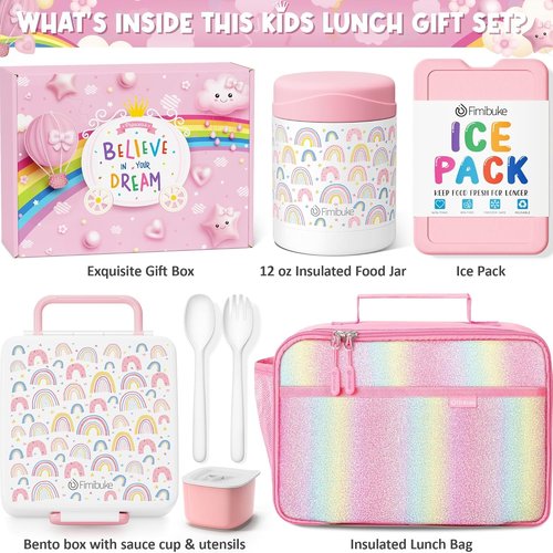 Fimibuke Kids Bento Lunch Box - 4 Compartments, Insulated Bag & Stainless Steel Thermo Jar | Perfect for Ages 3-12