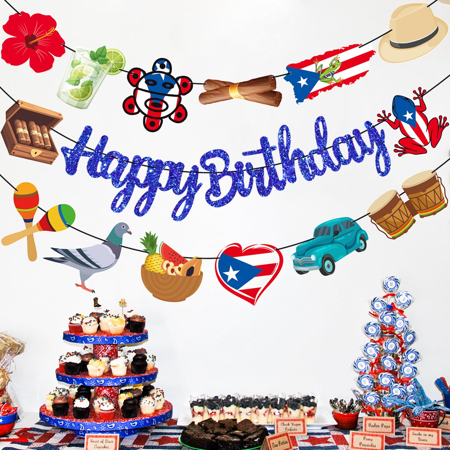 Puerto Rico Party Supplies Puerto Rican Birthday Banners Glitter Blue Puerto Rican Themed Decorations 3PCS Puerto Rican Flag Banners for Patriotic Anniversary Veterans Day Decor
