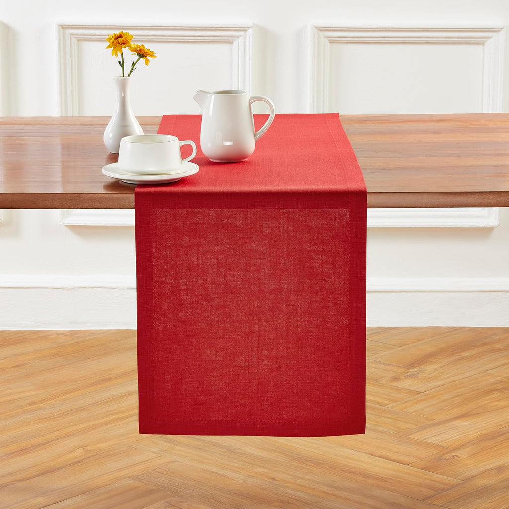 Solino Home Linen Table Runner 120 Inches Long - 100% Pure Linen Cherry Red Table Runner 14 x 120 Inch for Mothers Day - Diana Medium Weight