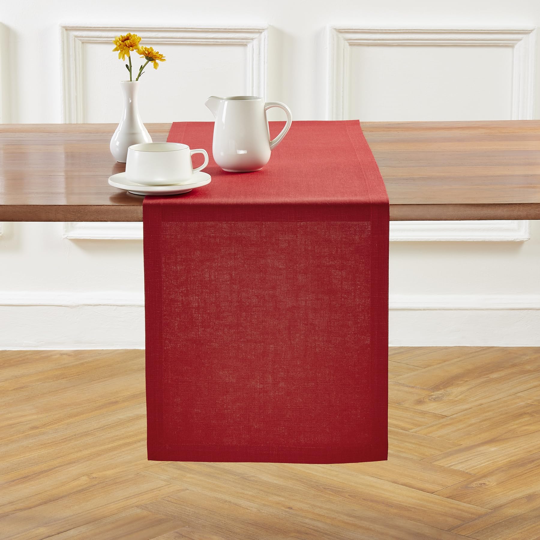 Solino Home Linen Table Runner 120 Inches Long - 100% Pure Linen Cherry Red Table Runner 14 x 120 Inch for Mothers Day - Diana Medium Weight