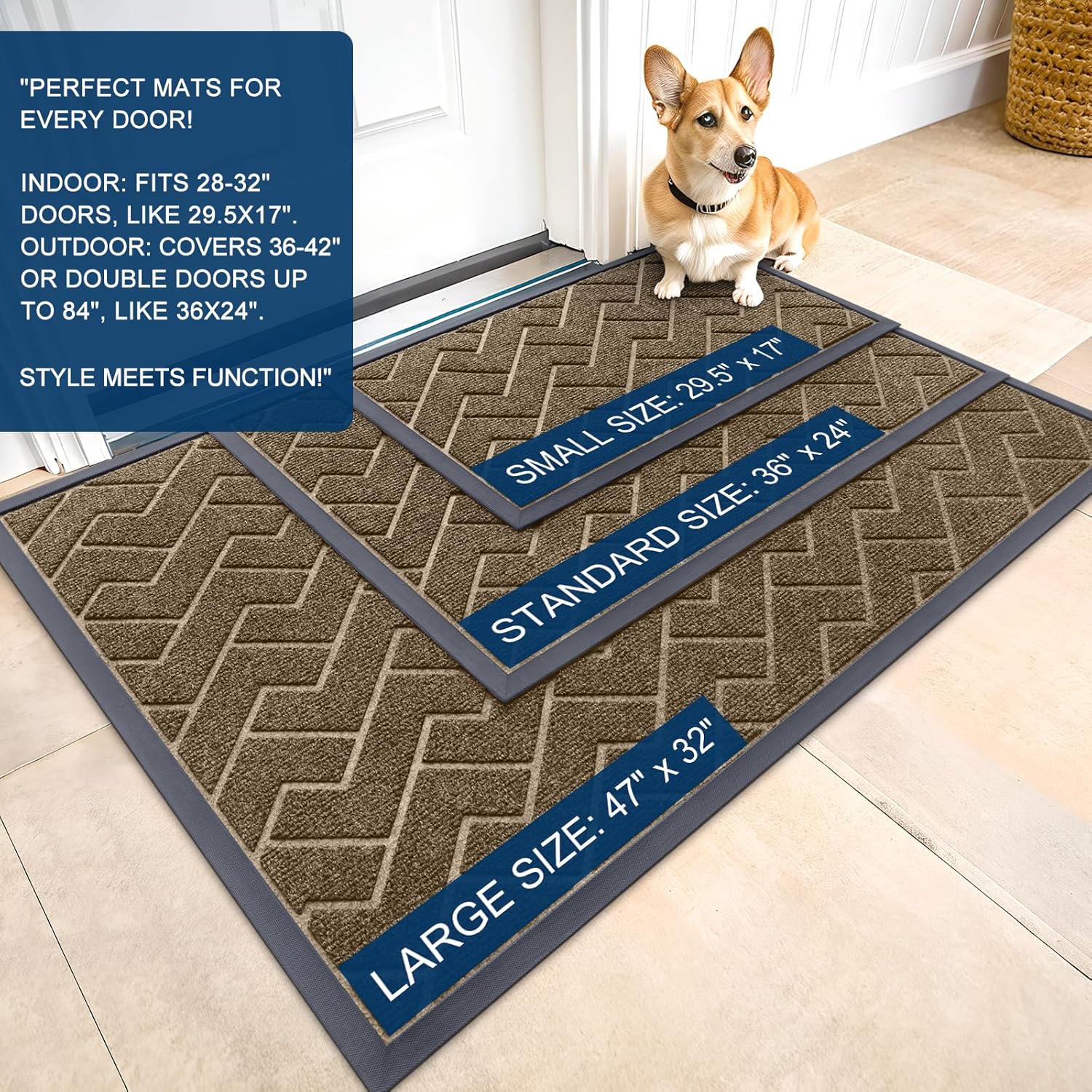 OLANLY Waterproof Front Door Mat - All-Season Indoor/Outdoor Doormat, Easy Clean Herringbone Design (Brown, 59x23)