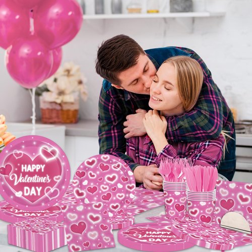 Valentine's Day Party Supplies Happy Valentine's Day Pink Heart Love Tableware Disposable Paper Plates Napkins Cups Forks and Knives for Valentine Day, Anniversary,Wedding Table Decor,Serve 24