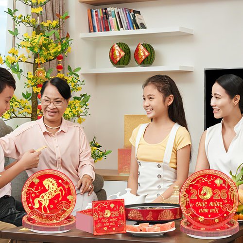 96Pcs Vietnamese New Year Party Decorations Vietnamese Horse Themed New Year Plates and Napkins 2026 Red Gold Horse Tableware Dinnerware Party Supplies for Spring Festival Lunar Decor Serves 24 Guests