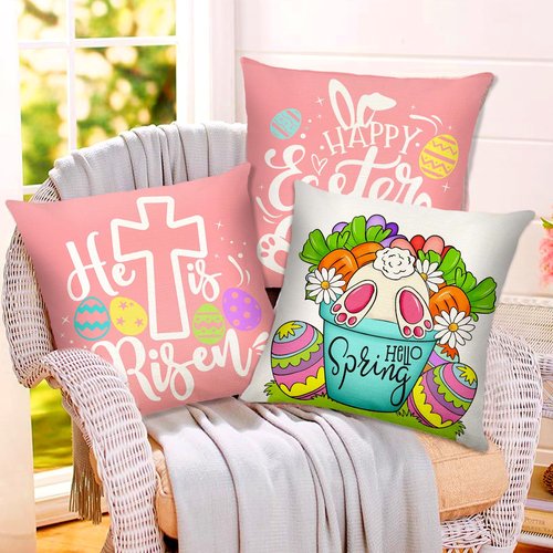 Easter Pillow Covers 18x18 Set of 4 Easter Eggs Decorations Stripe Hello Peeps Bunny Hip HopTruck Throw Pillows Cases Spring Farmhouse Party Decor