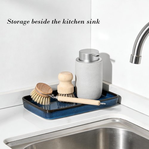 10"×6"×1" Bathroom Vanity Tray for Countertop- Ceramic Decorative Organizer Tray for Dresser Tops, Toilet, Perfume, Sponge Holder Soap Dish Dispenser for Kitchen Counter- Kiln-Transformed Blue