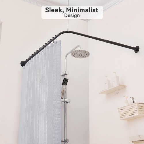 Mirooyu L Shaped Shower Curtain Rod, [24"-47.6"] x [24"-47.6"] Dual-Slide Corner 90 Degree Shower Rod for Bathroom, Bathtub & Outdoor with 12 Hooks & Ceiling Support - Matte Black
