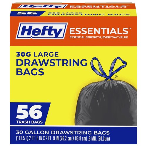 Hefty Essentials 30 Gallon Drawstring Trash Bags - 56 Count | Scent-Free Black Garbage Bags for Large Items