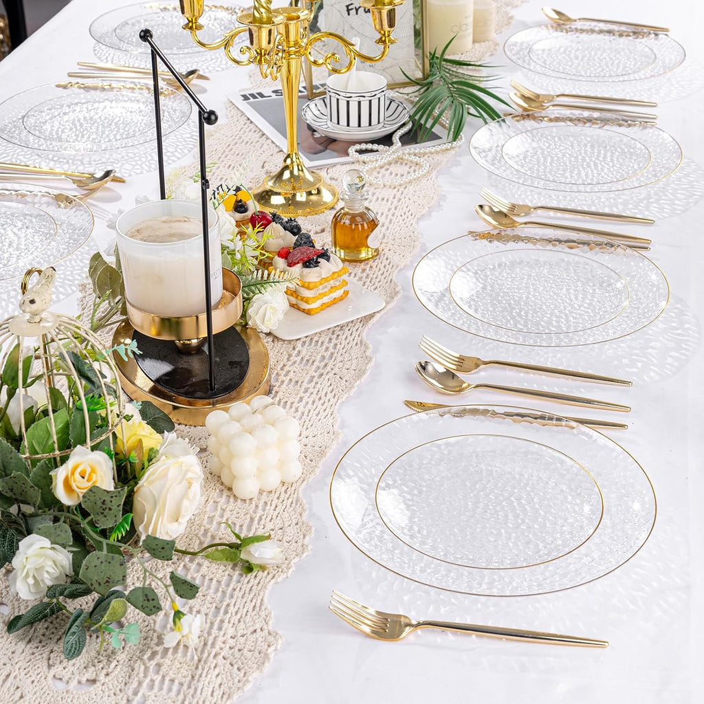 Rubtlamp Clear Plastic Plates - 60 Pcs Heavy-Duty Disposable Plates with Gold Rim | 30 Dinner & 30 Dessert Plates for Weddings & Parties