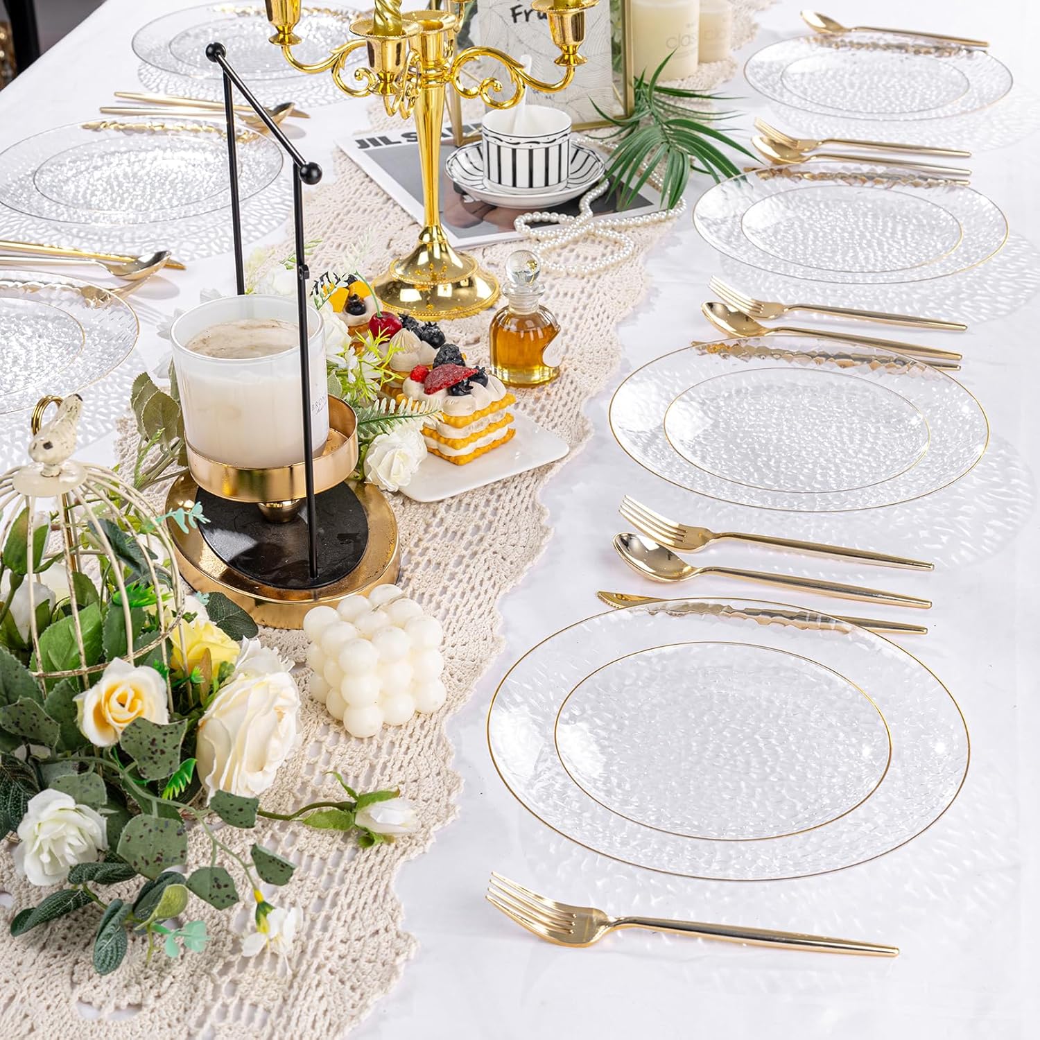 Rubtlamp Clear Plastic Plates - 60 Pcs Heavy-Duty Disposable Plates with Gold Rim | 30 Dinner & 30 Dessert Plates for Weddings & Parties