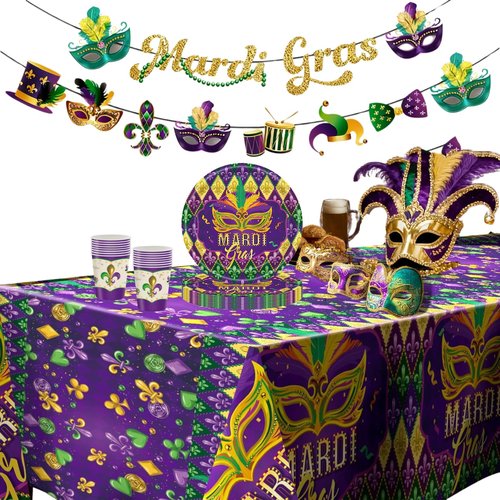 170 PCS Mardi Gras Plates and Napkins Purple and Gold Party Supplies Set Disposable Dinnerware Set for 24 Guests Mardi Gras Decorations (B White)