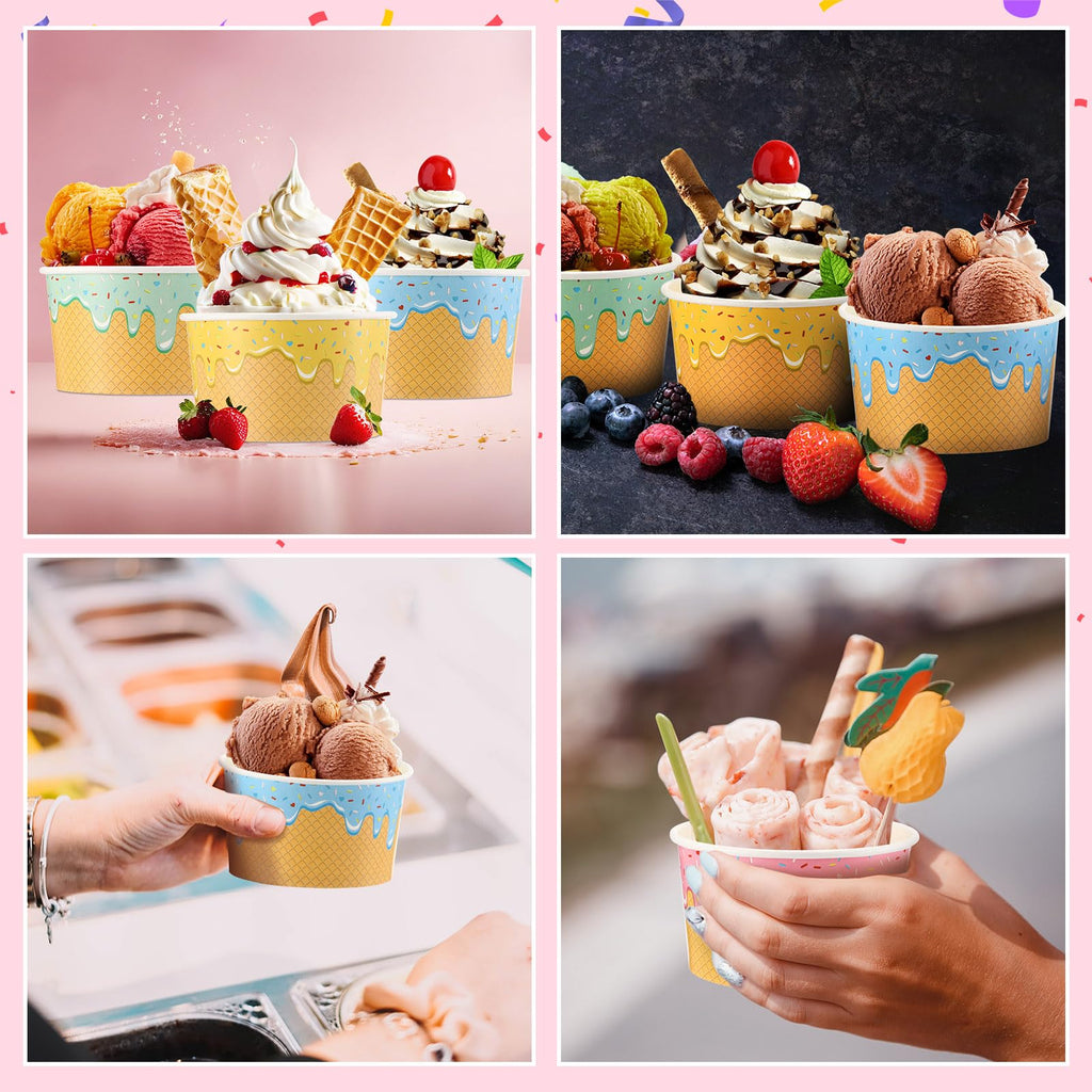Ninehaoou 100 Pcs Ice Cream Cups Bulk Paper Disposable Dessert Bowls Ice Cream Bowls Paper Dessert Cups Sundae Soup Yogurt Cold or Hot Food Party Supplies for Summer Party Decoration (8 oz)