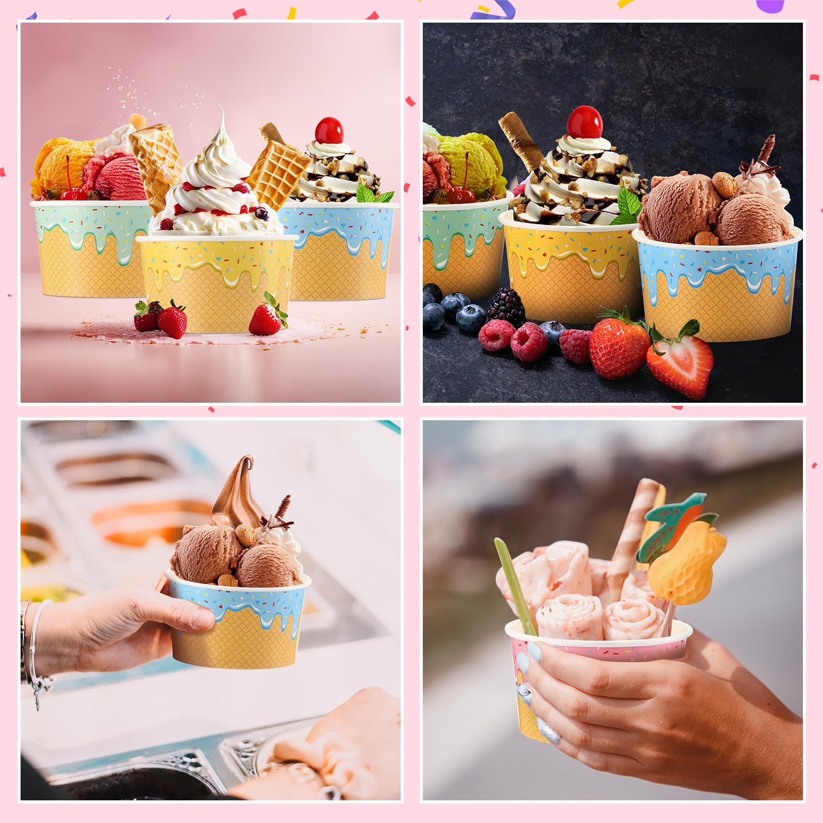 Ninehaoou 100 Pcs Ice Cream Cups Bulk Paper Disposable Dessert Bowls Ice Cream Bowls Paper Dessert Cups Sundae Soup Yogurt Cold or Hot Food Party Supplies for Summer Party Decoration (8 oz)