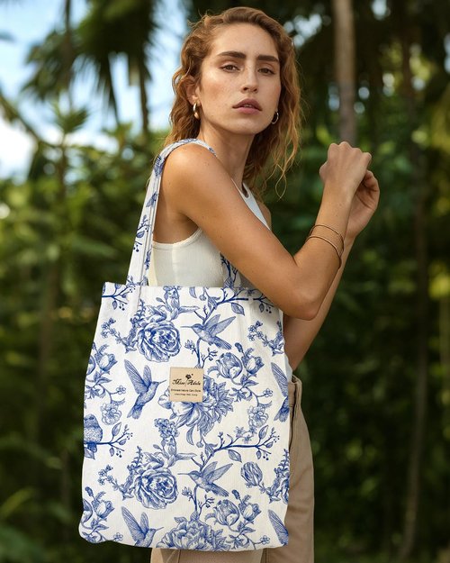 Miss Adola Corduroy Tote Bag for Women - Reusable Totes with Inner Pocket & Buckle Cute Aesthetic Design Cloth Shopping Grocery Shoulder Bag for Work Travel, Line Style Bird