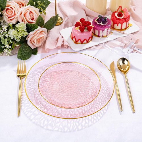 Rubtlamp 100 Pcs Pink Gold Dessert Plates hammered party plates, Pink Disposable Plates With Gold Rim, 7 Inch Dessert Platos Disposable, Plastic Appetizer Plates Perfect for Mother's Day