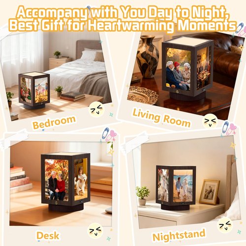 Mixoo 4x6 Picture Frame Light , Vintage Rotating Photo Frame Tabletop Lamp, Touch Desk Lamp for Bedroom Bedside, Table lamps for Office Family Retirement Anniversary Mother's Day Birthday Gifts for Women Men (Wooden Brown)