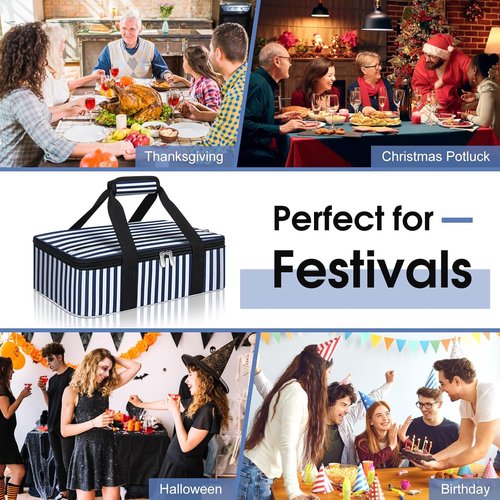 Insulated Casserole Carrier by [Brand Name] - Portable Hot & Cold Food Tote for Potluck Parties | Fits 9" x 13" Baking Dish - Blue Stripes