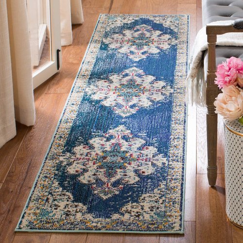 SAFAVIEH Madison Collection Runner Rug - 2' x 8', Navy & Grey, Boho Chic Medallion Distressed Design, Non-Shedding & Easy Care, Ideal for High Traffic Areas in Living Room, Bedroom (MAD452M)