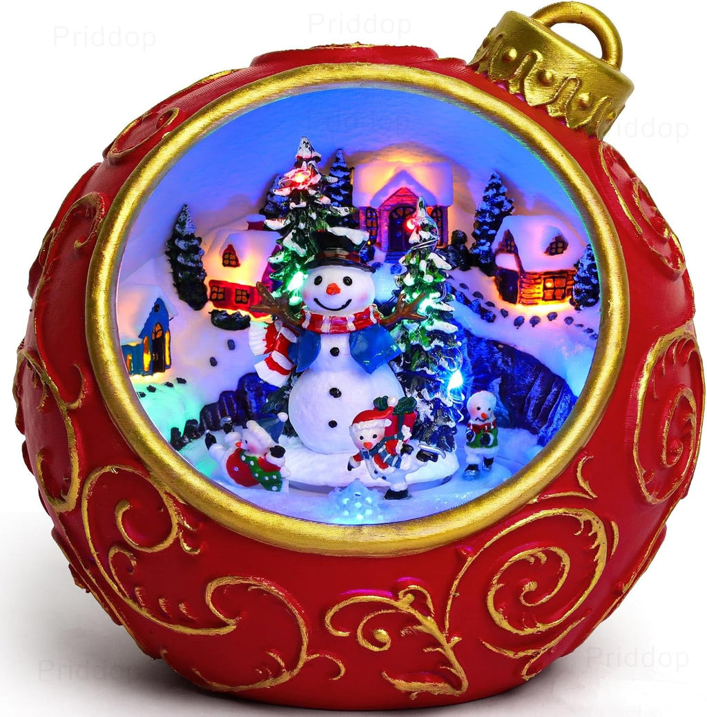 Priddop Christmas Village Scene - Animated Rotating Snowman with LED Lights & Music | USB/Battery Collectible Figurine