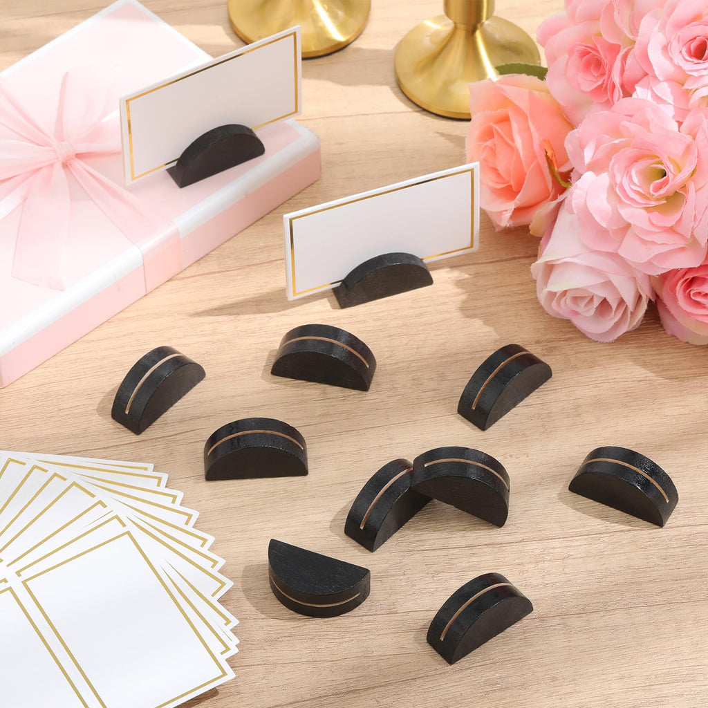 Colingmill 24 Pcs Wooden Table Number Stands Wedding Table Name Holder Semicircular Design Place Card Holders with 24 Pcs Tented Cards for Retail Shop Wedding Party Events Decoration(Black)