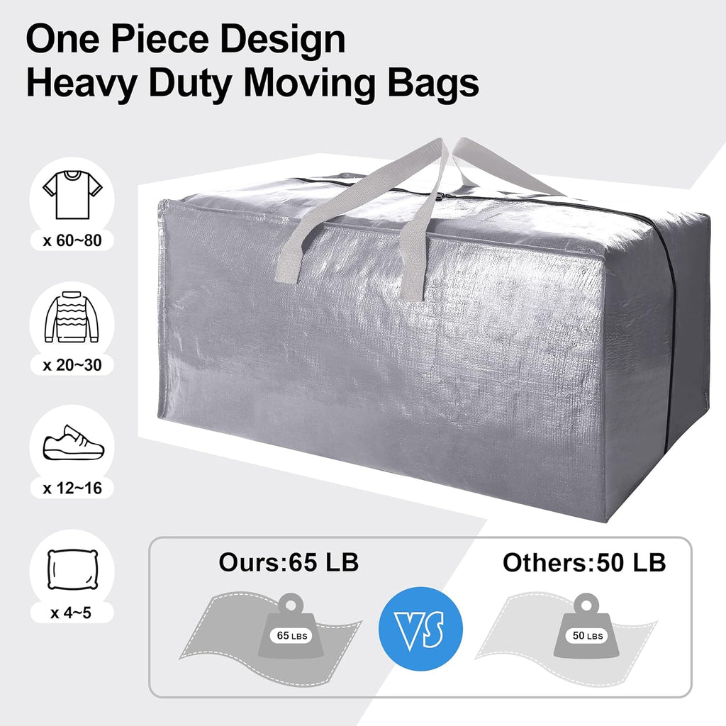 VELVETSURE Extra Large Heavy-Duty Moving Bags - Durable Storage Totes with Backpack Straps & Zippers | Set of 6, Silver