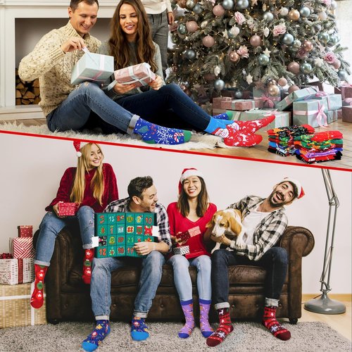 MOVINPE Christmas Socks Advent Calendar - 24 Pairs of Funny Crew Socks for Adults | Warm Cotton Countdown to 2025
