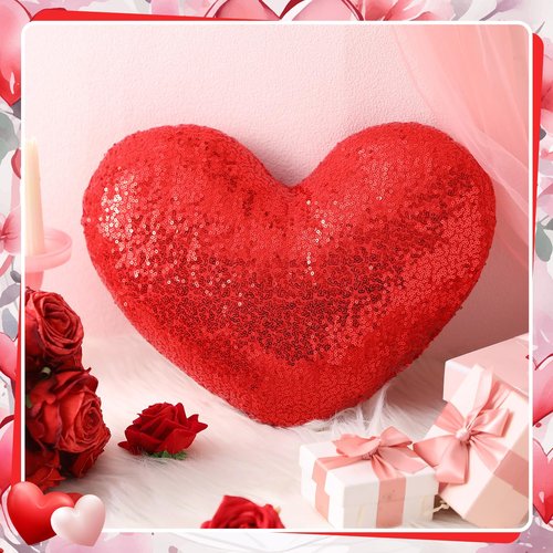Yookeer Glitter Sequins Heart Shaped Pillow 14'' x 12'' Valentine's Day Decorative Sparkling Throw Pillows Solid Soft Shiny Cushion for Women Valentine Wedding Anniversary Bed Couch Decor(Red)