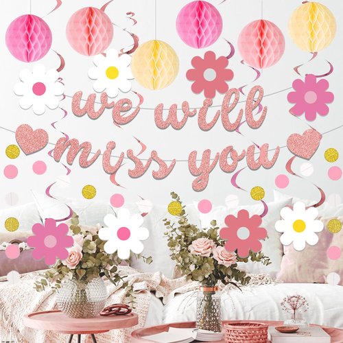 Roetyce Farewell Party Decorations Women, Pink We Will Miss You Banner Honeycomb Balls Hanging Swirls, Rose Gold Flower Theme Going Away Leaving Goodbye Party Supplies, Retirement Photo Background