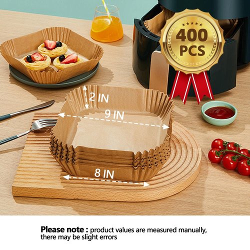9 Inch Air Fryer Liners Disposable, 400Pcs Square Air Fryer Paper Liners, Oil-Proof & High-Temperature Resistant Parchment Baking Paper for Air Fryer, Microwave and Oven（Bottom Is 9 Inch）