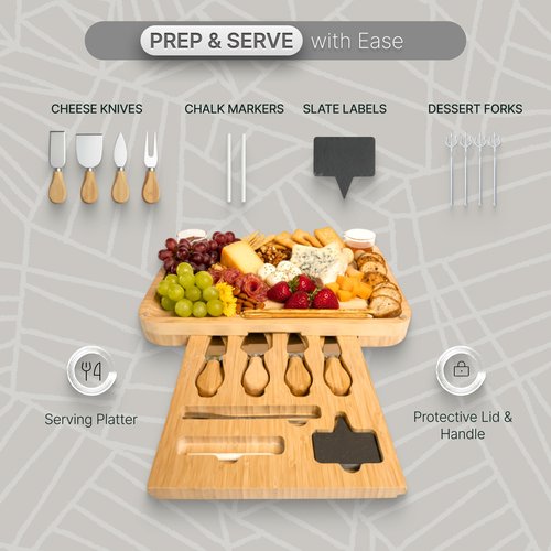 HULLIARD Charcuterie Board Set with Handless Lid – Bamboo Cheese Board with Sliding Drawer, 4 Stainless Steel Cheese Knives, 4 Forks, 2 Glass Bowls, Gift Bag – Perfect for Gift