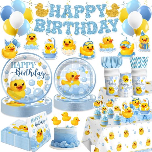 Xynic 210 Pcs Duck Birthday Decorations, Tableware Set with Plates, Duck Cupcake toppers, Napkins, Serves 25, 3 Birthday Candles, 2 Tablecloths, Banner, Balloons, Cups, for Duck Party Decorations