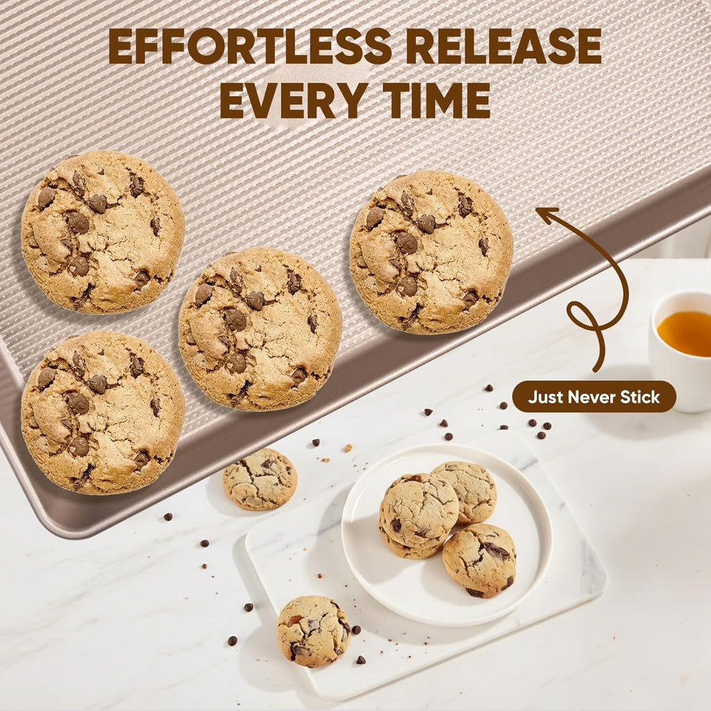 Sakerplus Nonstick Baking Sheet Pan Set - Heavy Duty Cookie Sheets | Rust-Resistant, Easy Clean, 3 Sizes in Champagne Gold