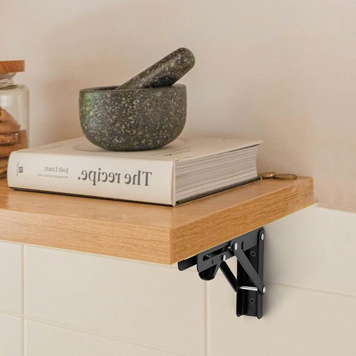 JOY DECOR 12 Inch Heavy Duty Folding Shelf Brackets, 2 Pack (1 Pair) Collapsible Wall Mounted Brackets for Fold Down Table, Stainless Steel Folding Table Hinge, Matte Black