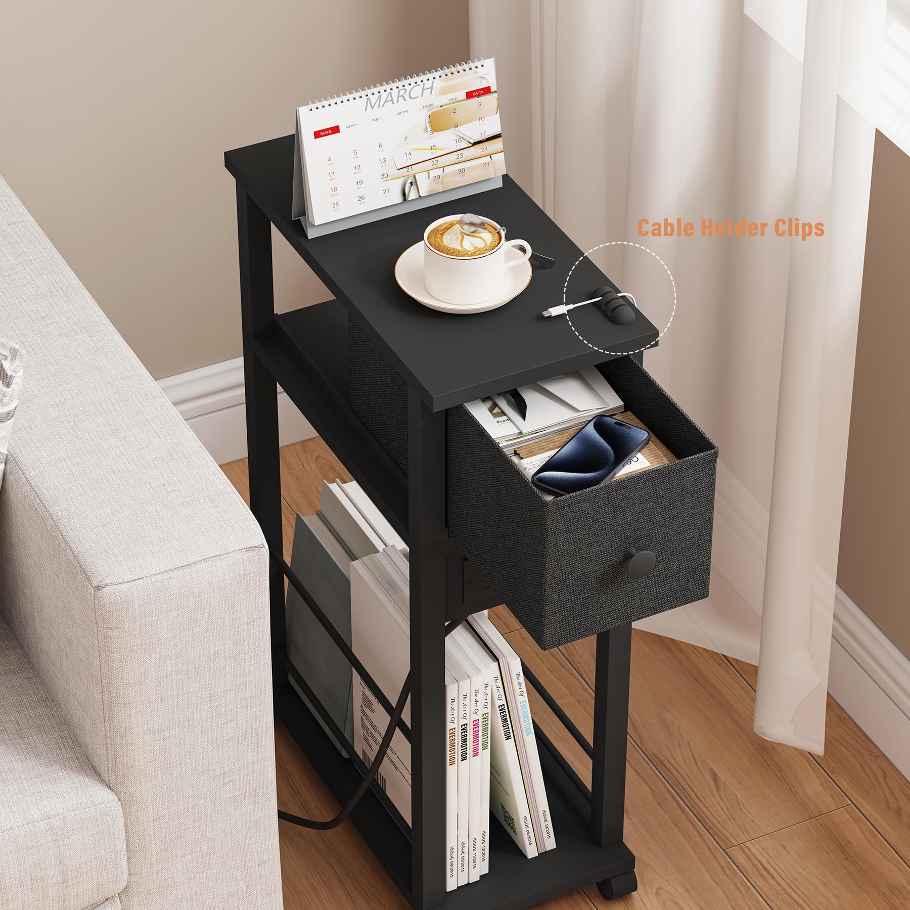 DGSANDGO 2 Pack Black Narrow End Side Table Slim Nightstand with Charging Station (2 USB + 1 AC Outlet), Fabric Drawer & Mute Wheels for Minimalist Small Spaces, Bedroom, Living Room, Office, Couch