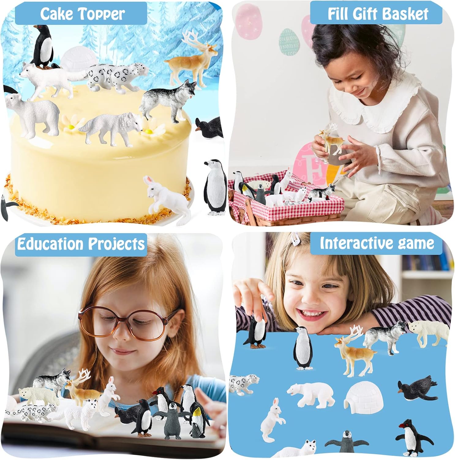 RCOMG Arctic Animal Figurines - 14-Piece Mini Polar Animal Toy Set with Fox, Wolf, Reindeer & Penguins
