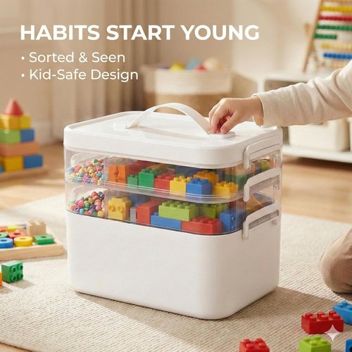 Craft Storage Organizer Box by Stackable | 13.3 QT with Handle & 3 Removable Trays - White