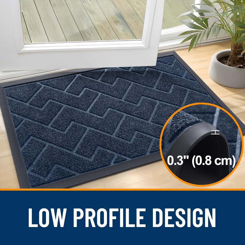 OLANLY Waterproof Front Door Mat | All-Season Herringbone Design | Easy Clean Natural Rubber | 29.5"x17" (Blue)