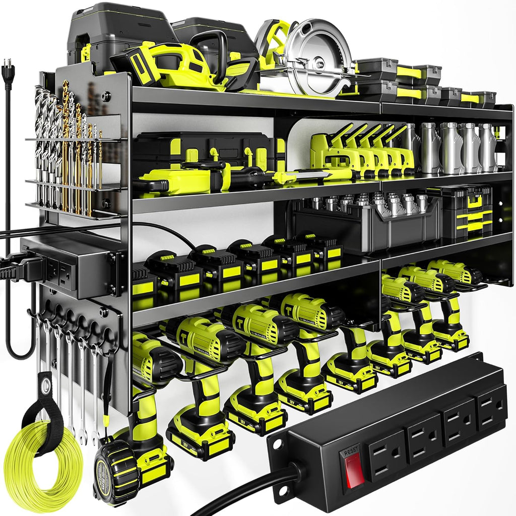 POKIPO Large Power Tool Organizer - Heavy Duty Wall Mount Storage Rack with Charging Station | Holds 600lbs