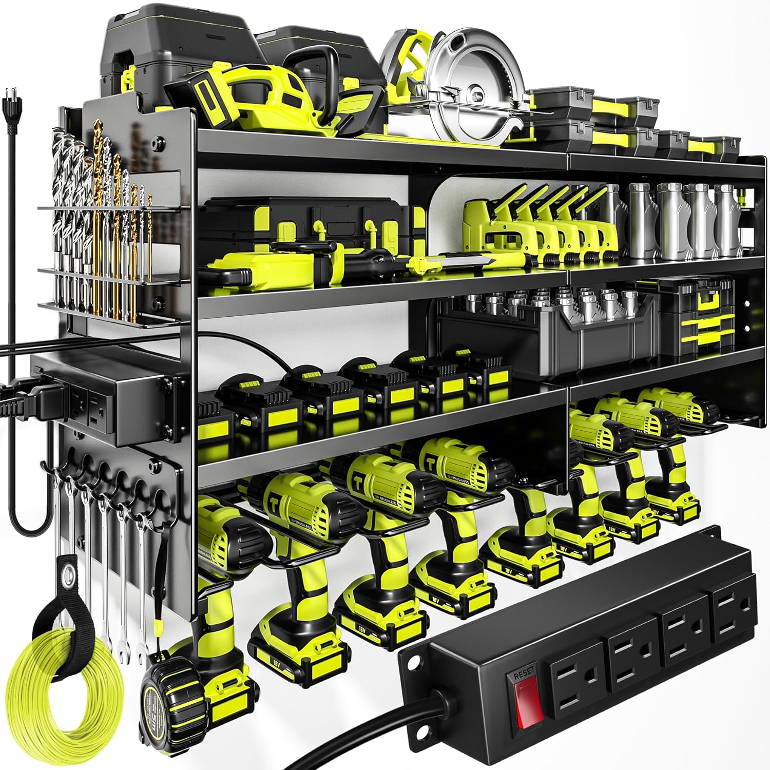 POKIPO Large Power Tool Organizer - Heavy Duty Wall Mount Storage Rack with Charging Station | Holds 600lbs