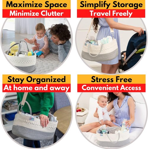 Extra Large Baby Diaper Caddy Organizer - Portable Rope Nursery Basket for Diapers & Wipes