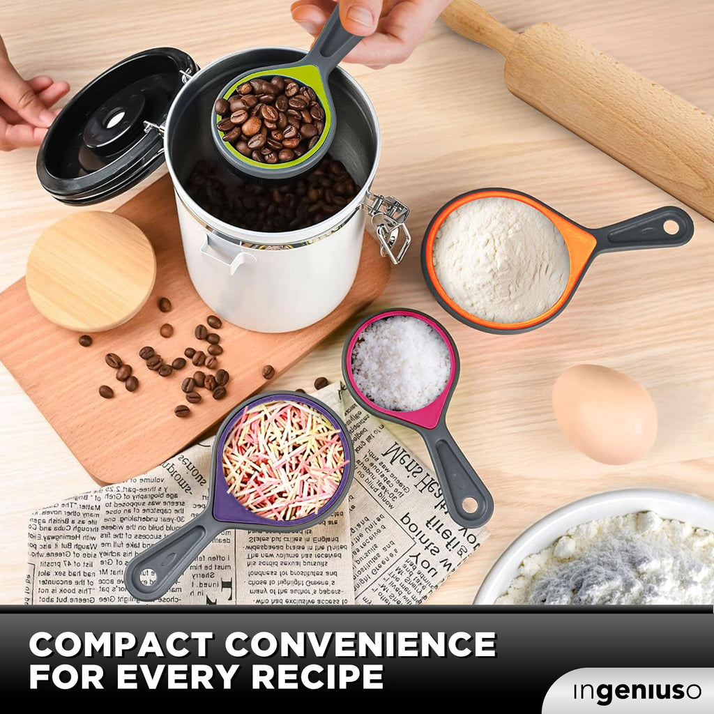 Collapsible Measuring Cups and Nesting Spoons - Adjustable Silicone for Cooking, used for Liquid and Dry Kitchen Items - Portable Portion Control, Dog Food, Kids, Travel, Camper, Space-Saving - 1 Set