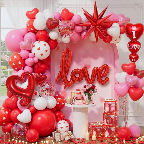 172pcs Valentines Balloon Arch Garland Kit with Pink White Red Confetti Heart shape Balloons I Love You Foil Balloons Explosion Star Balloons Rose Petals for Anniversary Wedding Romantic Decorations