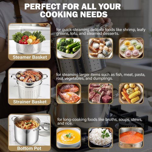 Cooks Standard Pasta Pot 18/10 Stainless Steel 12 Quart, Spaghetti Cooker Steamer Stock Pot Multipots with Strainer Insert, Stainless Steel Lid, 4-Piece Set