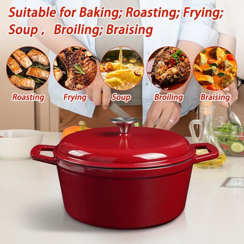 KOOMADE Dutch Oven Pot with Lid- 4.75 Quart Enameled Cast Iron Round Dutch Oven Stockpot With Dual Handles- Oven Safe up to 500°F, Heavy Duty Nonstick Cookware Safe for Bread Baking, Stews, Braising- Red (Red 4.75QT)