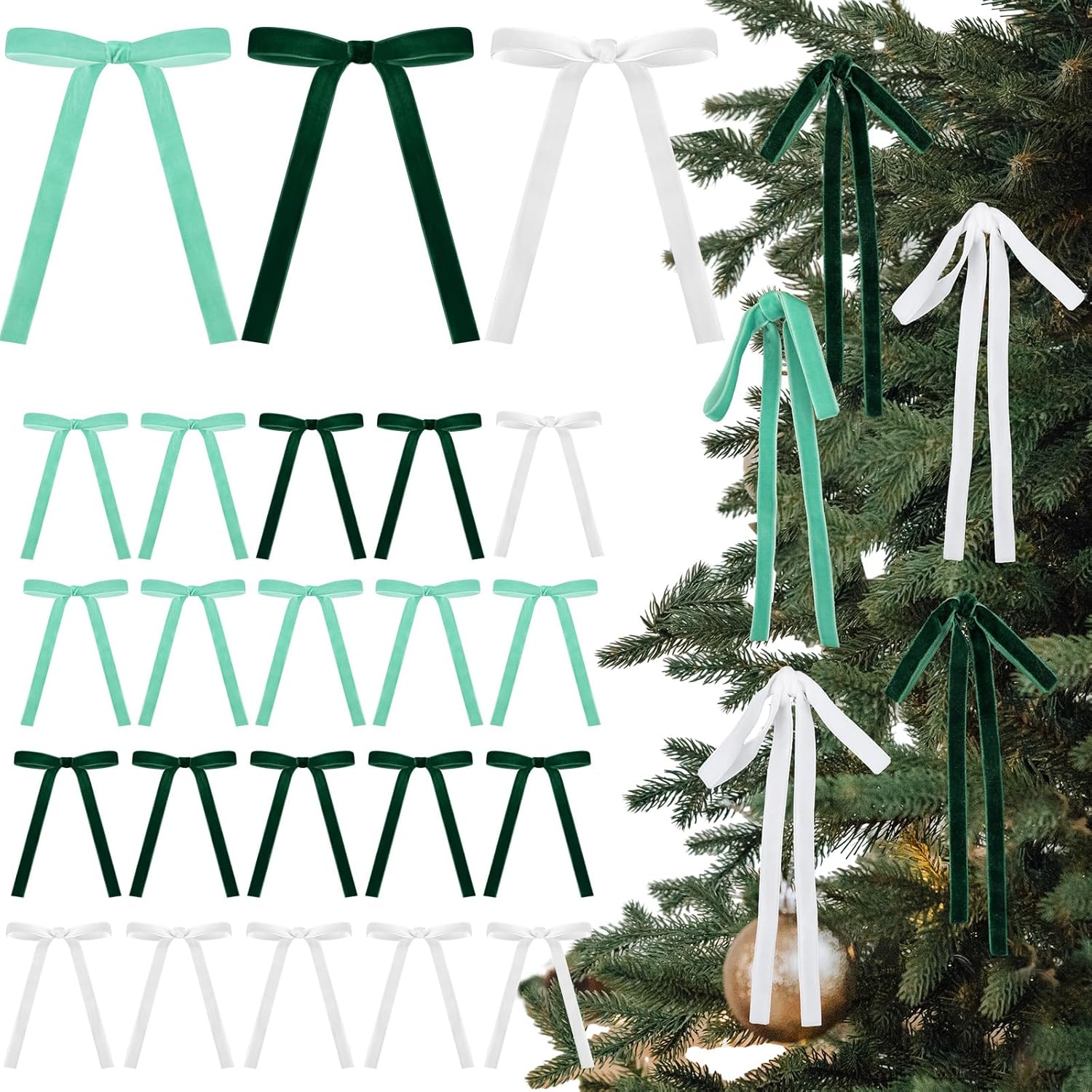 Skiennix 24 Pcs Velvet Bows - Vintage Ribbon Bows for Christmas Tree & Crafts | Dark Green, Beige, Sage Green (5 x 7 Inch)